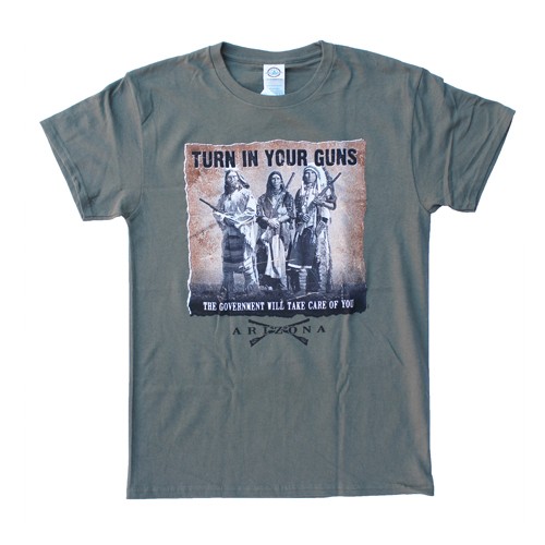Placeholder image of a green t-shirt with a 'Turn in Your Guns' print